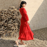 Red Peasant Dress Fairy Retro V-neck Dress Women's Summer French A- line Skirt Vacation Beach Dress