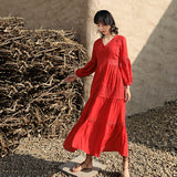 Red Peasant Dress Fairy Retro V-neck Dress Women's Summer French A- line Skirt Vacation Beach Dress