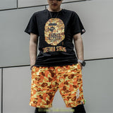 A Ape Print Shorts Orange Camouflage Cotton Shorts Men Teenagers Student Cropped Shorts