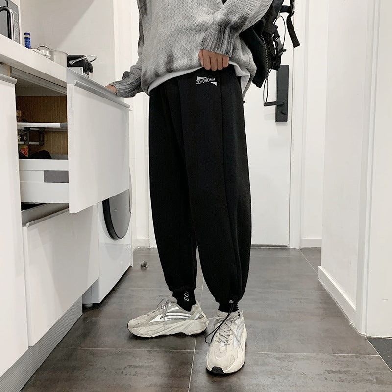 Men Pants Fleece-Lined Thickened Knitting Sweatpants Ankle Banded Pants