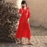 Red Peasant Dress Fairy Retro V-neck Dress Women's Summer French A- line Skirt Vacation Beach Dress