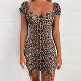 Drawstring Tight Sexy Low-Cut Square Collar Leopard Print Dress
