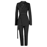Women Pants Suit Uniform Designs Formal Style Office Lady Bussiness Attire Fall Lapels Suit Top Slim-Fitting Straight Pants Suit Lace-up Two-Piece Suit for Women