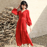 Red Peasant Dress Fairy Retro V-neck Dress Women's Summer French A- line Skirt Vacation Beach Dress