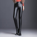 Leather Leggings Fleece-Lined Autumn and Winter Thickening Stretch Feet Matte PU Leather Pants
