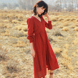 Red Peasant Dress Red Hollow V-neck Hepburn Style Slimming Long Sleeve Dress Early Autumn
