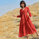 Red Peasant Dress Red Hollow V-neck Hepburn Style Slimming Long Sleeve Dress Early Autumn