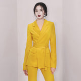 Women Pants Suit Uniform Designs Formal Style Office Lady Bussiness Attire Fall Lapels Suit Top Slim-Fitting Straight Pants Suit Lace-up Two-Piece Suit for Women