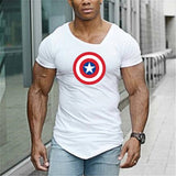 Captain America T Shirt Men's Oblique V-neck Bodybuilding Workout Short Sleeve T-shirt