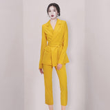 Women Pants Suit Uniform Designs Formal Style Office Lady Bussiness Attire Fall Lapels Suit Top Slim-Fitting Straight Pants Suit Lace-up Two-Piece Suit for Women