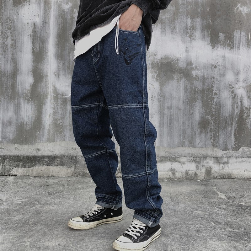 Men's Patchwork Jeans Large Size Retro Sports Trousers Loose Straight Casual Men's Clothing Men Jeans