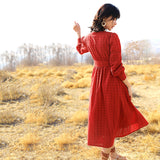 Red Peasant Dress Red Hollow V-neck Hepburn Style Slimming Long Sleeve Dress Early Autumn