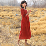 Red Peasant Dress Red Hollow V-neck Hepburn Style Slimming Long Sleeve Dress Early Autumn