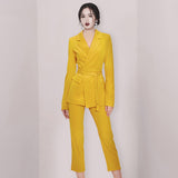 Women Pants Suit Uniform Designs Formal Style Office Lady Bussiness Attire Fall Lapels Suit Top Slim-Fitting Straight Pants Suit Lace-up Two-Piece Suit for Women
