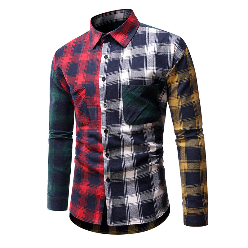 Men's Plaid Colorblock Long Sleeve plus Size Sports Retro Fashion Trends Casual Shirt Men Shirt