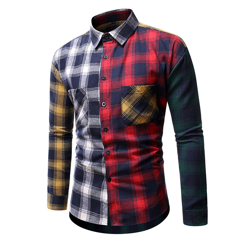 Men's Plaid Colorblock Long Sleeve plus Size Sports Retro Fashion Trends Casual Shirt Men Shirt