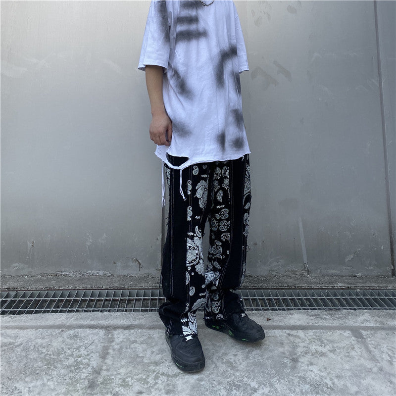 Printed Stitching Jeans Men's Large Size Retro Sports Trousers Loose Multicolor Casual Straight Trousers Men Jeans