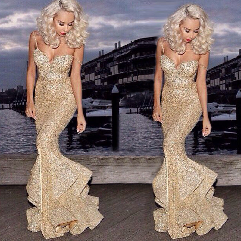 Bohemian Chic Wedding Dress V-neck Brace Sequined Slim-Fit Dress Dress
