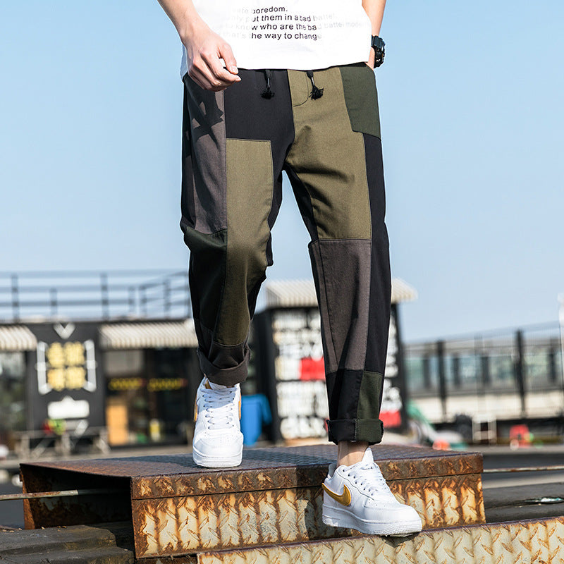 Men's Spring plus Size Loose Retro Sports Trousers Color Matching Straight Casual Pants Men Cargo Pant