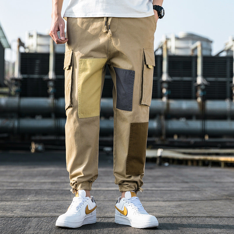 Men's Spring plus Size Retro Sports Color Matching Straight Large Pocket Casual Pants Men Cargo Pant