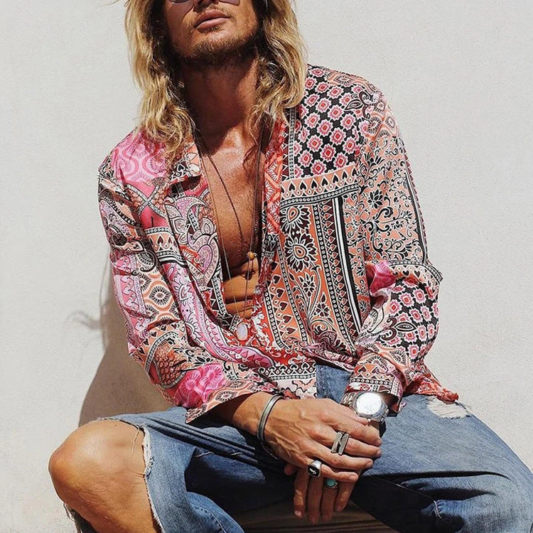 Men's Shirt Hawaiian Casual Beach Printed Long Sleeve