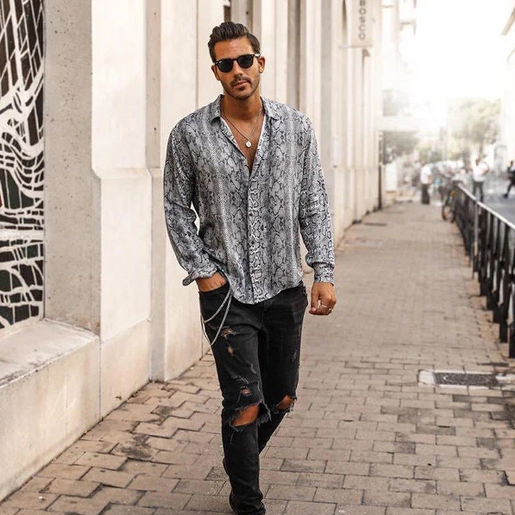 Men's Shirt Printed Serpentine Long-Sleeved Cardigan Casual Vacation Top