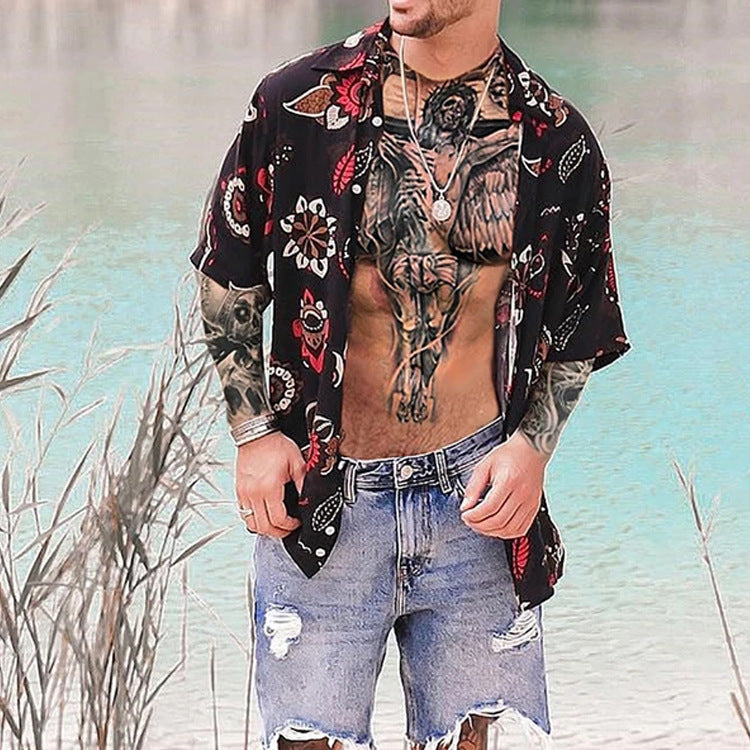Men's Middle-Sleeve Floral-Print Shirt Hawaiian Black Top