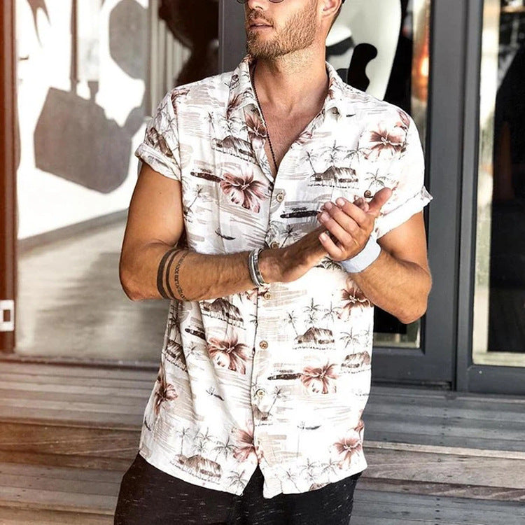 Men's Shirt White Hawaiian Casual Beach Printed Short Sleeve