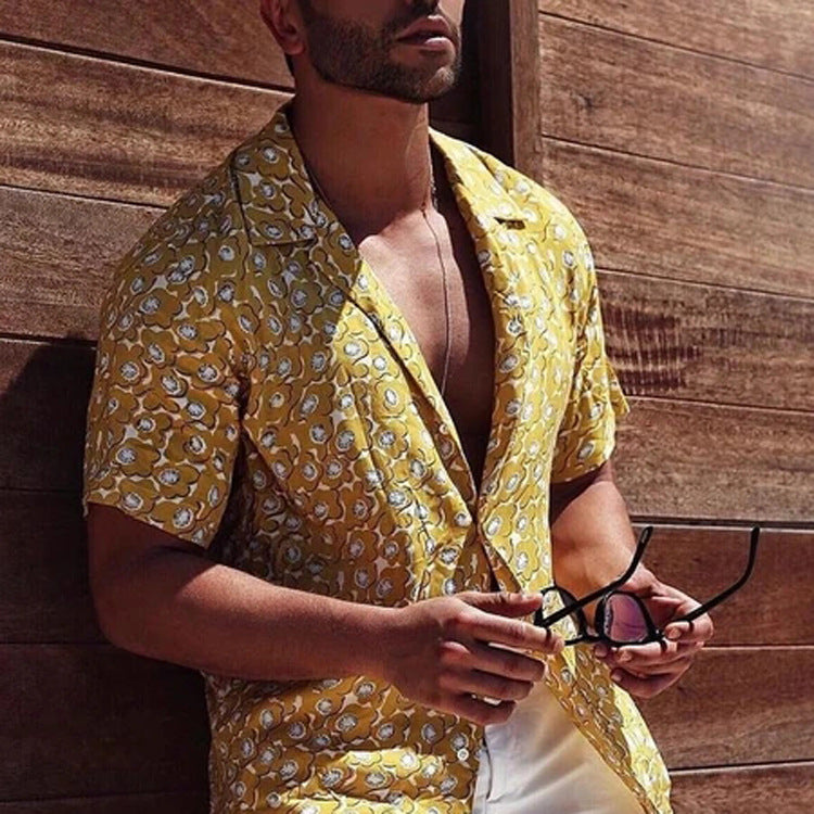 Men's Shirt Yellow Hawaiian Casual Beach Short Sleeve