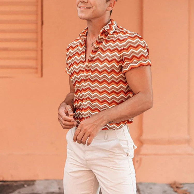Men's Striped Printed Short Sleeve Shirt
