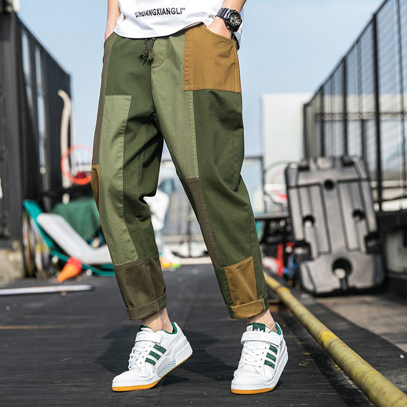 Men's Spring plus Size Loose Retro Sports Trousers Color Matching Straight Casual Pants Men Cargo Pant