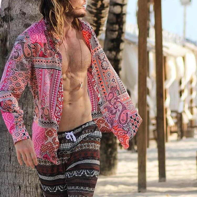 Men's Shirt Hawaiian Casual Beach Printed Long Sleeve