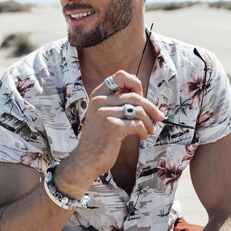 Men's Shirt White Hawaiian Casual Beach Printed Short Sleeve
