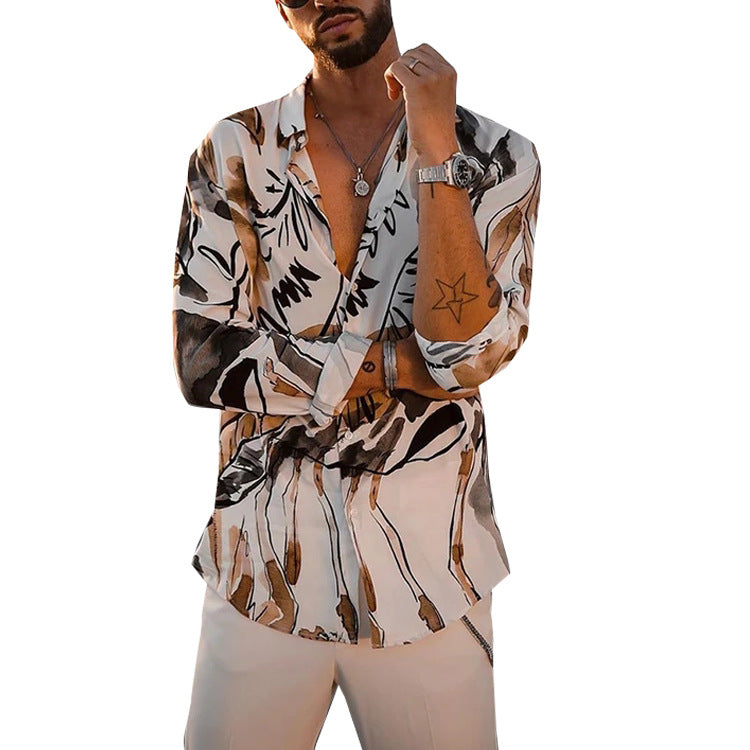 Men's Shirt Fashion Casual Business Printed Long Sleeve Polo Collar Shirt