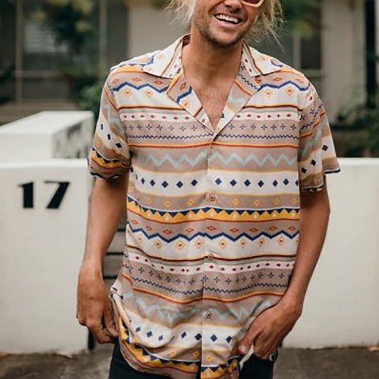 Men's Short-Sleeved Shirt Striped Printed Trendy Men's Shirt Casual Men's Clothing