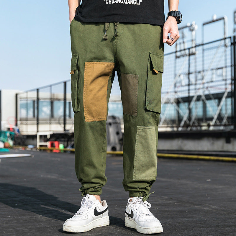 Men's Spring plus Size Retro Sports Color Matching Straight Large Pocket Casual Pants Men Cargo Pant