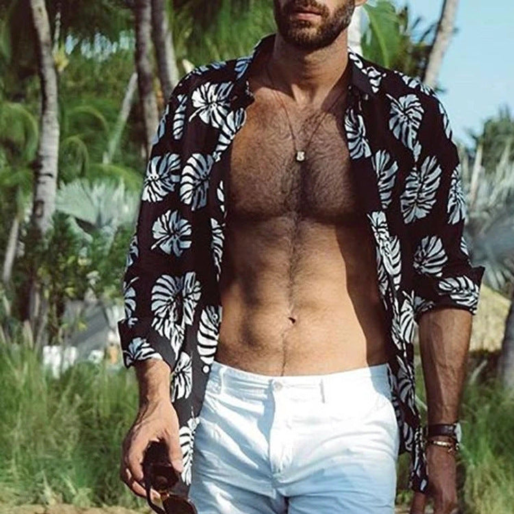 Men's Shirt Black Maple Leaf Printed Long-Sleeved Vacation Casual Shirt Fashion