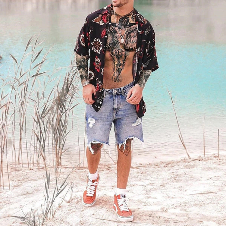 Men's Middle-Sleeve Floral-Print Shirt Hawaiian Black Top