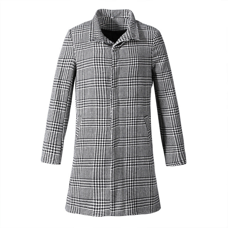 Men Dress Coat Autumn and Winter New Fashion Plaid Lapel Single Breasted Mid-Length Coat