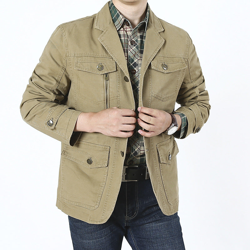 Veste Homme Mi Saison Men's Cotton Jacket Middle-Aged Leisure Suit Cotton Pure Color Thickened Suit Jacket