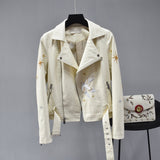 Women Leather Jacket with Patches Spring and Autumn Suit Collar Embroidery Short Leather Coat Biker's Leather Jacket