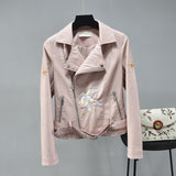 Women Leather Jacket with Patches Spring and Autumn Suit Collar Embroidery Short Leather Coat Biker's Leather Jacket