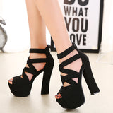 Black Strappy Heels Super High Heel Chunky Heel Sandals Shoes for Catwalk