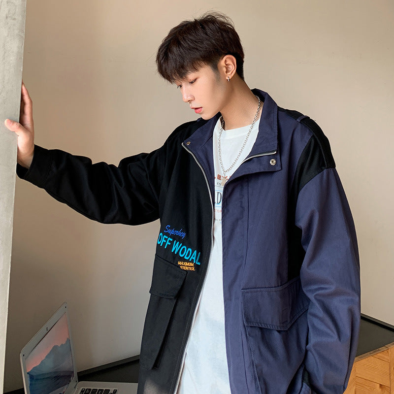 Men's Spring and Autumn Large Size Sports Sweater Top Long Sleeve Baggy Coat Color Matching Casual Men's Jacket