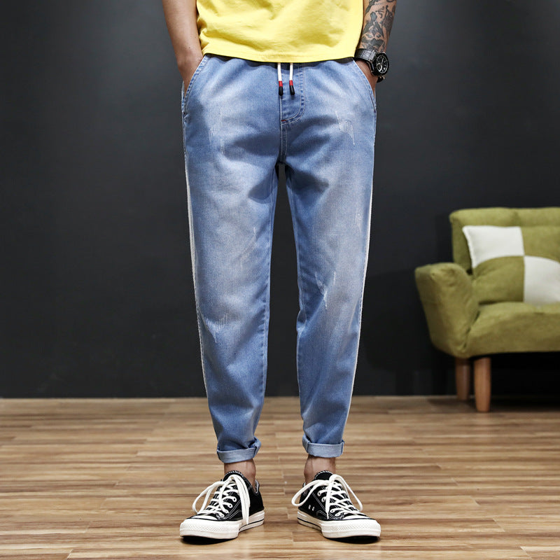 Men Relaxed Tapered Jean Crop Jeans Anklelength Denim Pant Spring and Summer Quality Large Size All-Match Casual Light Blue Harem Denim Cropped Pants Men's Trend