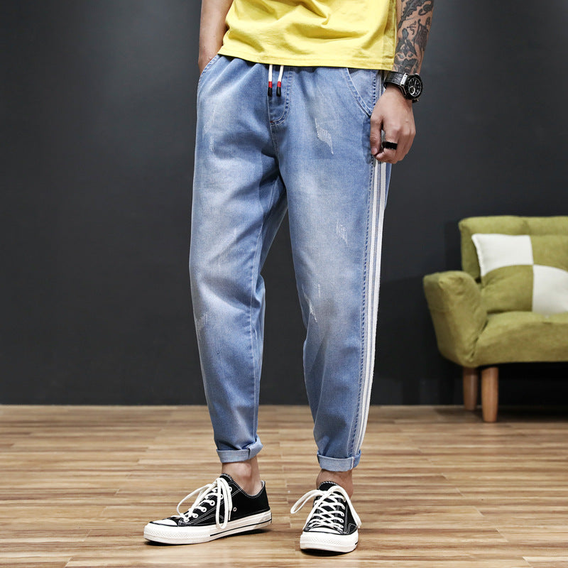 Men Relaxed Tapered Jean Crop Jeans Anklelength Denim Pant Spring and Summer Quality Large Size All-Match Casual Light Blue Harem Denim Cropped Pants Men's Trend