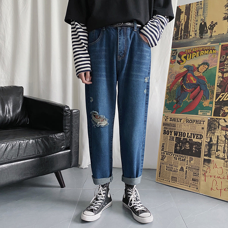 Summer Cropped Jeans Men's Loose Retro Sports Casual Men's Clothing Pants Men Jeans