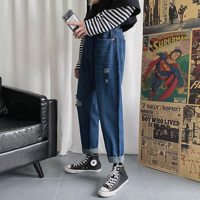 Summer Cropped Jeans Men's Loose Retro Sports Casual Men's Clothing Pants Men Jeans