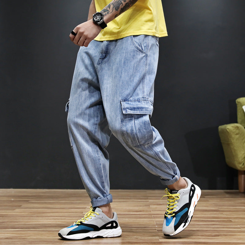 Relaxed Tapered Jean Spring/Summer Breathable plus Size Simple All-Match Casual Harem Denim Trousers for Men