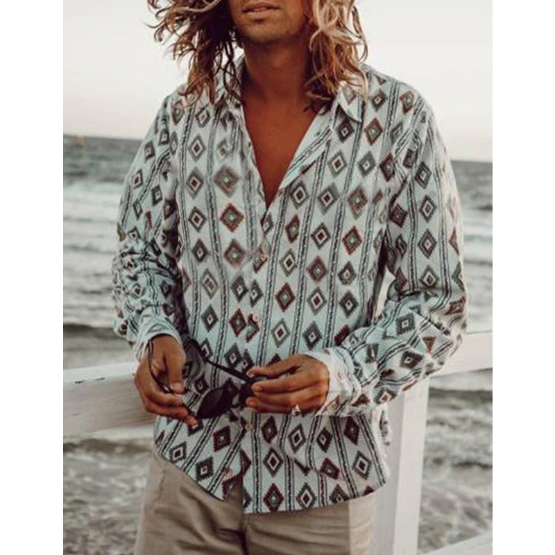 Men's Shirt Hawaiian Casual Beach Printed Long Sleeve